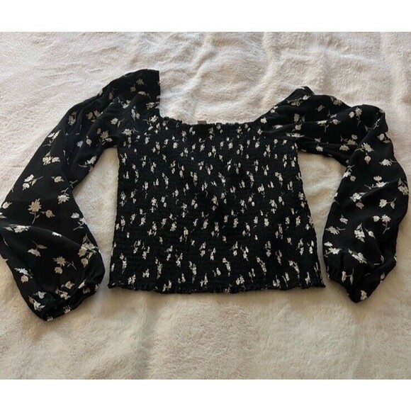 American Eagle Peasant Blouse Elastic Body Blk/Floral Print, Long Sleeve, Sz M - Picture 6 of 10